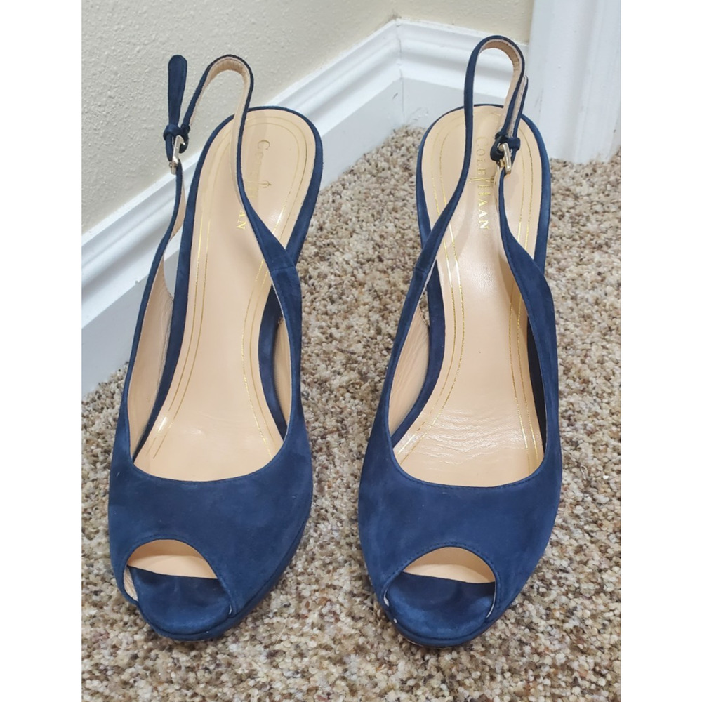 Cole Haan Blue Suede Slingback Peep Toe Heels Gold Heel Womens 10B - Picture 2 of 8